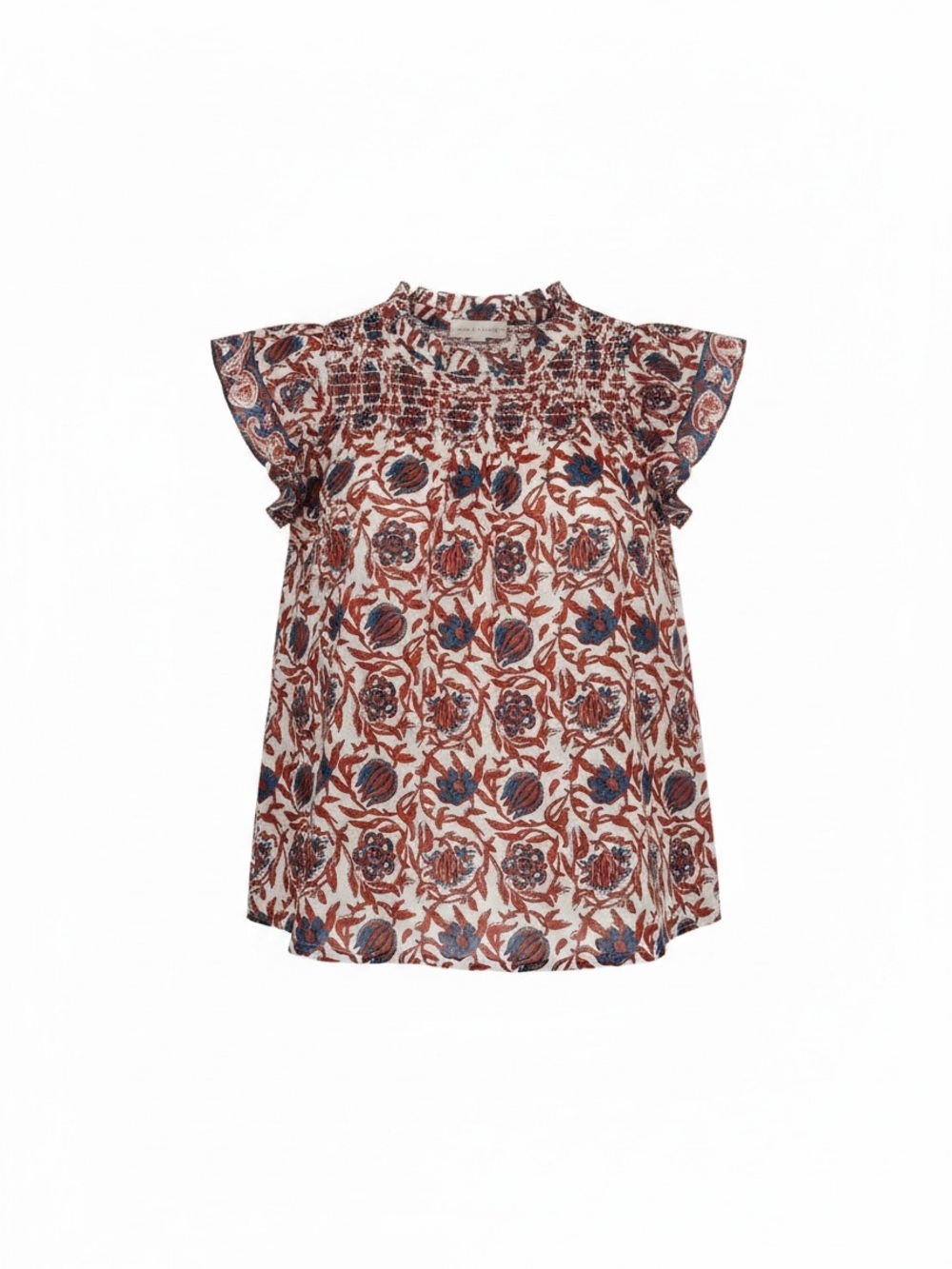 House of Harlow 1960 Floral Smocked Flutter Sleeve Top - Rust Blue Cream